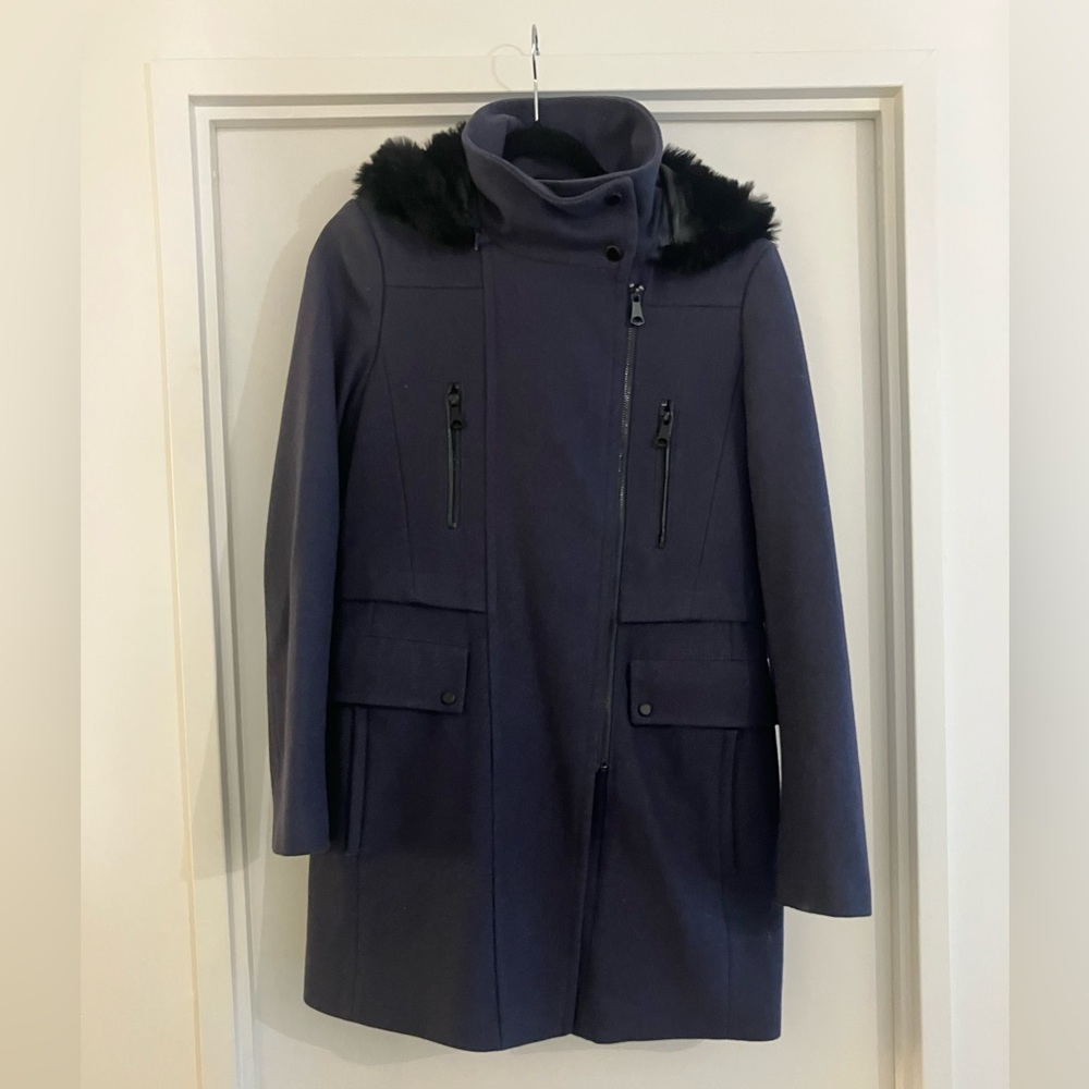 Marc New York - Women's Navy Coat with Removable Black Fur Hood